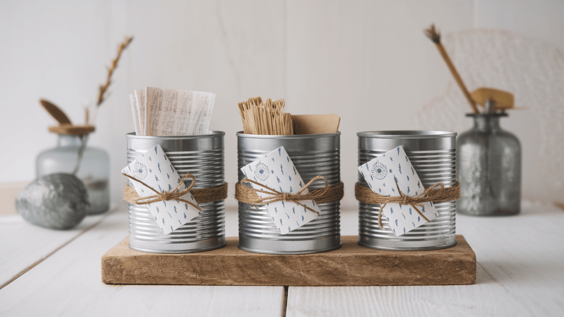 three tin cans wrapped with twine bows on a wood base used as rustic desk organizers