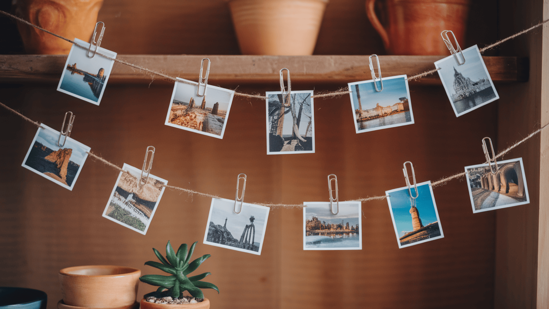travel photos clipped with paper clips onto two rows of jute twine hung on a wooden shelf with plants