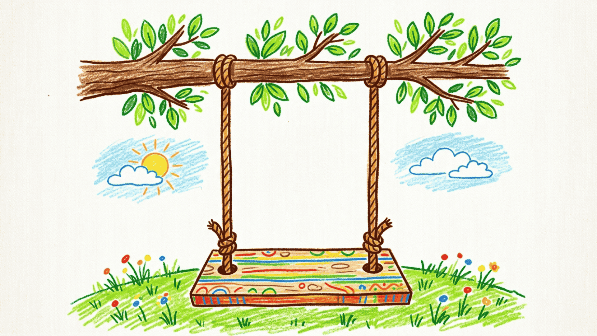 tree swing kids drawing with flat wooden plank bold ropes and green leaves on a thick branch painted on a white canvas for beginners