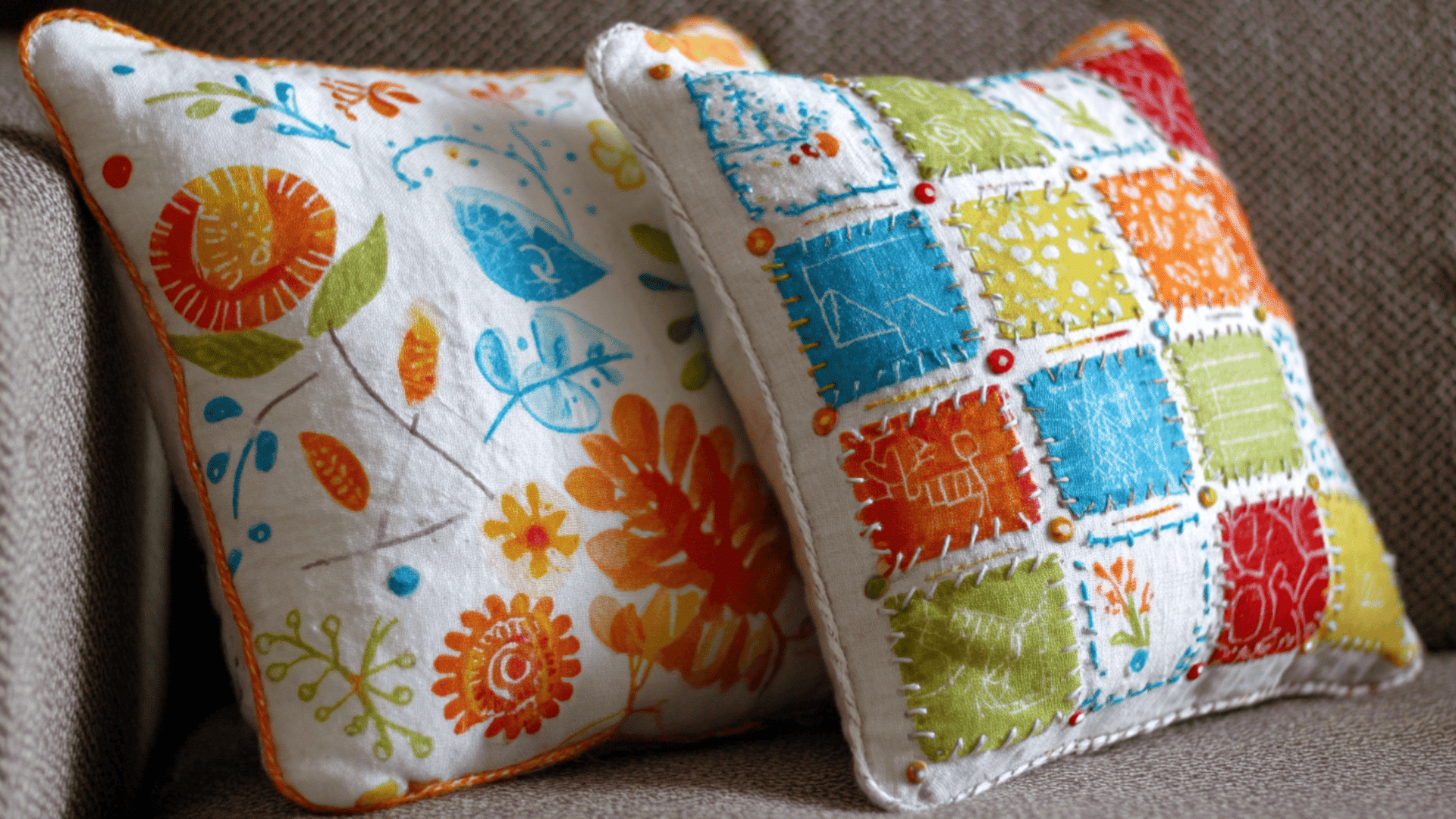 two handmade decorative cushions with colorful floral and patchwork fabric designs on a grey sofa
