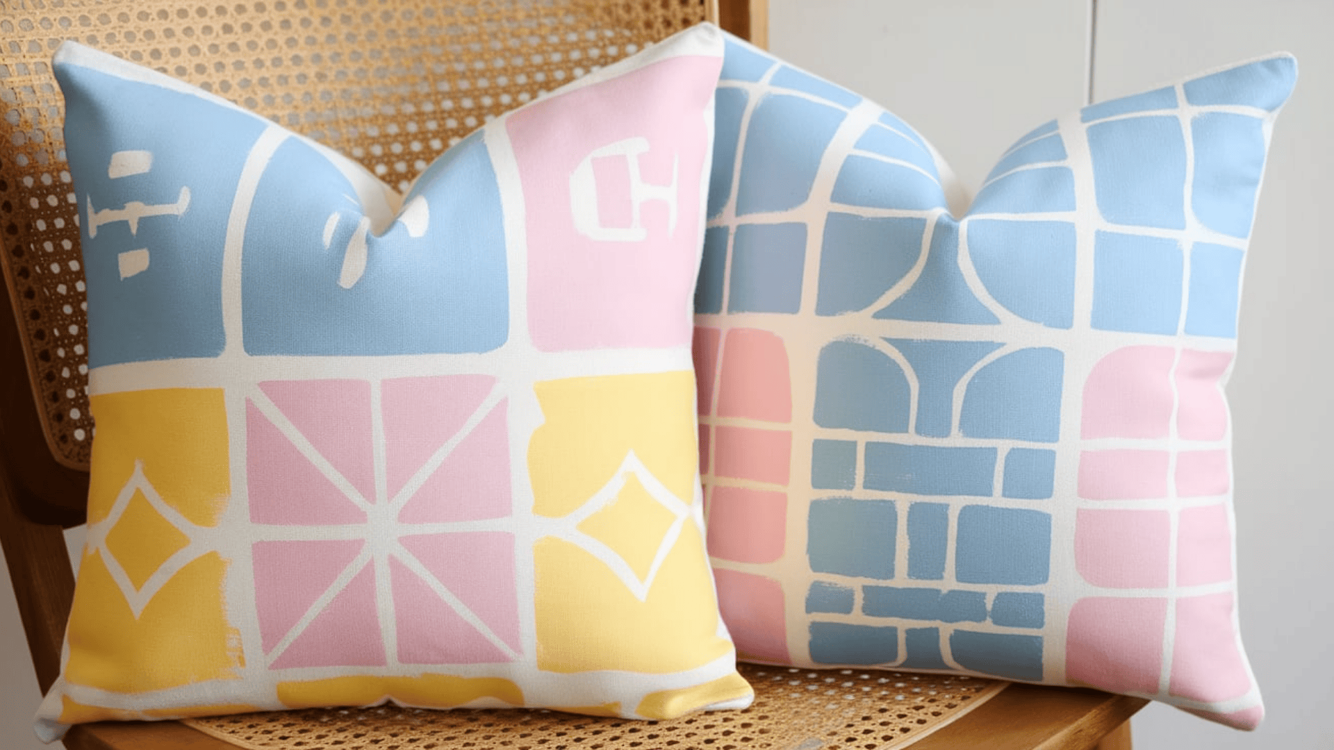 two handmade pastel block print cushions in pink blue and yellow geometric patterns on a rattan chair
