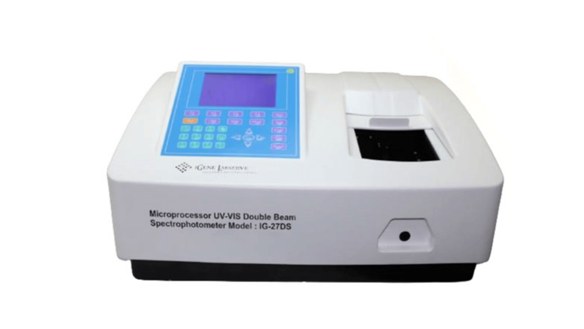 uv vis double beam spectrophotometer with digital display and keypad on a white background