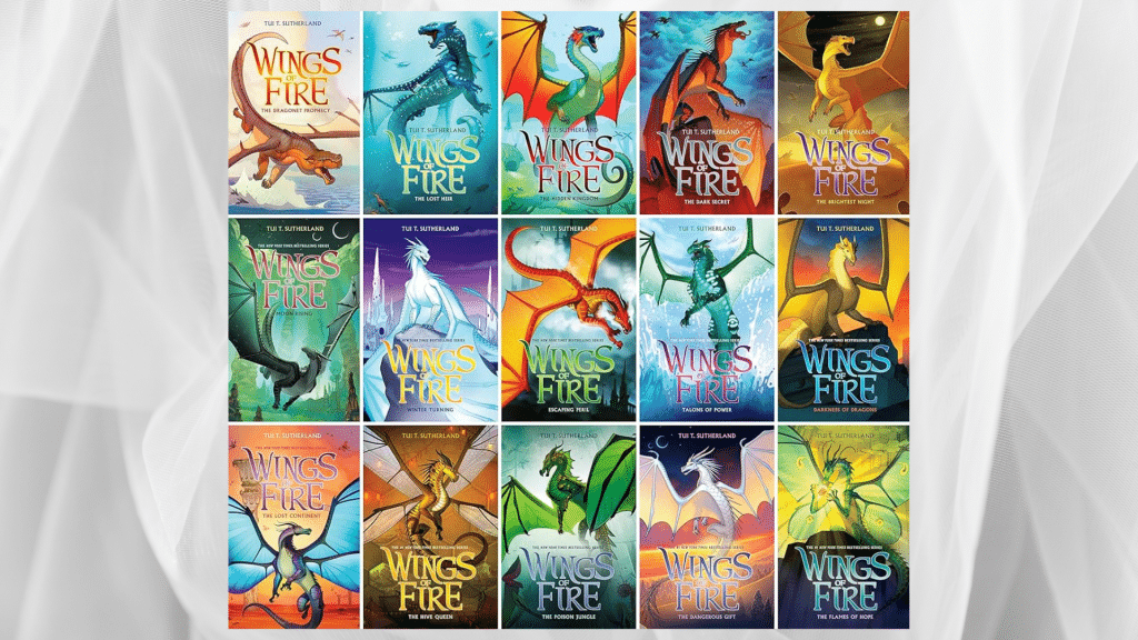 wings of fire complete series grid showcasing all main books with vibrant illustrated dragon covers in rows