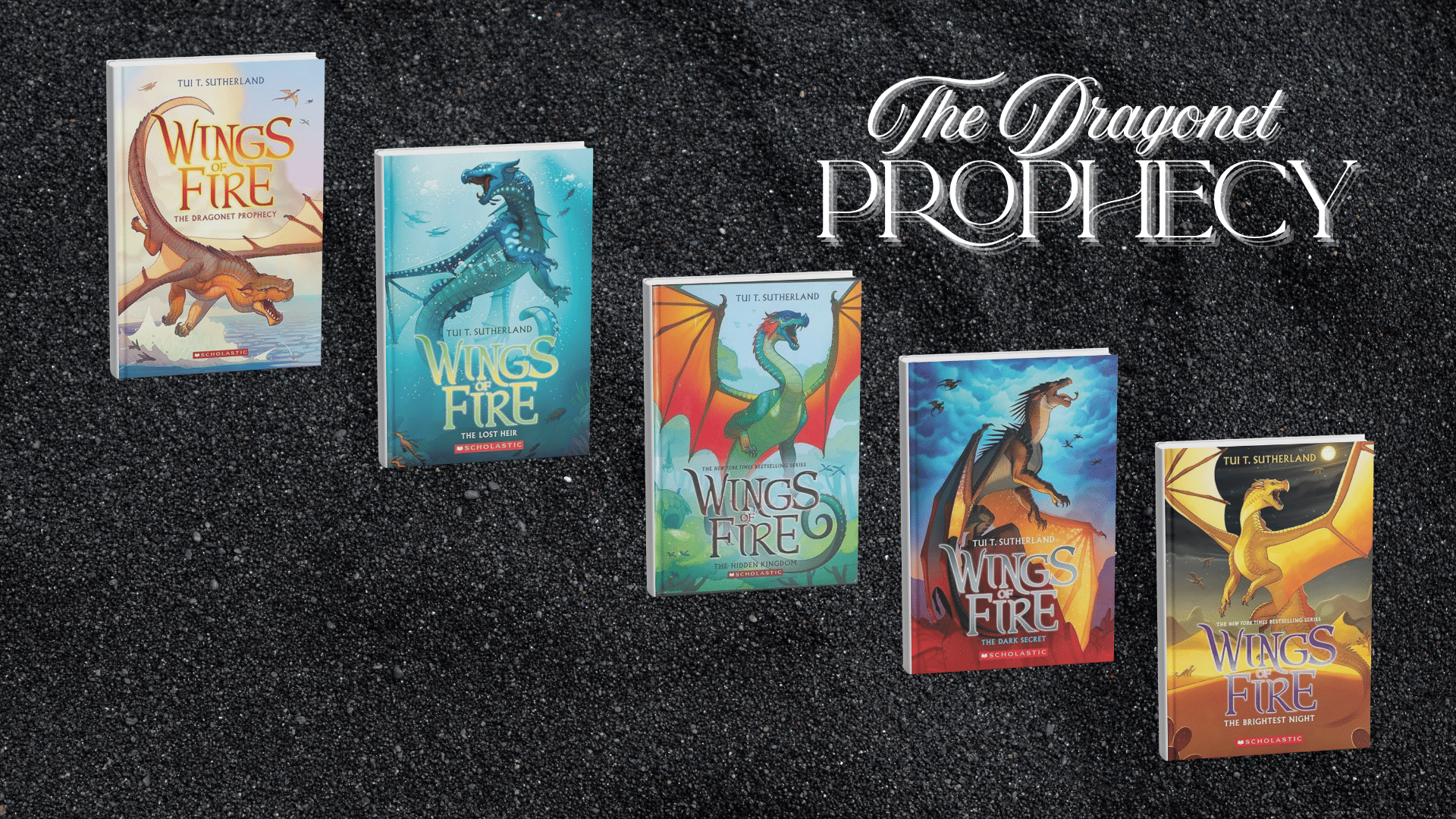 wings of fire the dragonet prophecy series showing five original dragon book covers in a horizontal display