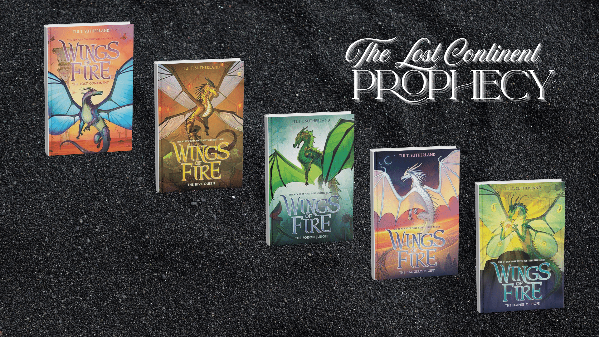 wings of fire the lost continent prophecy series with five colorful dragon book covers on dark textured background