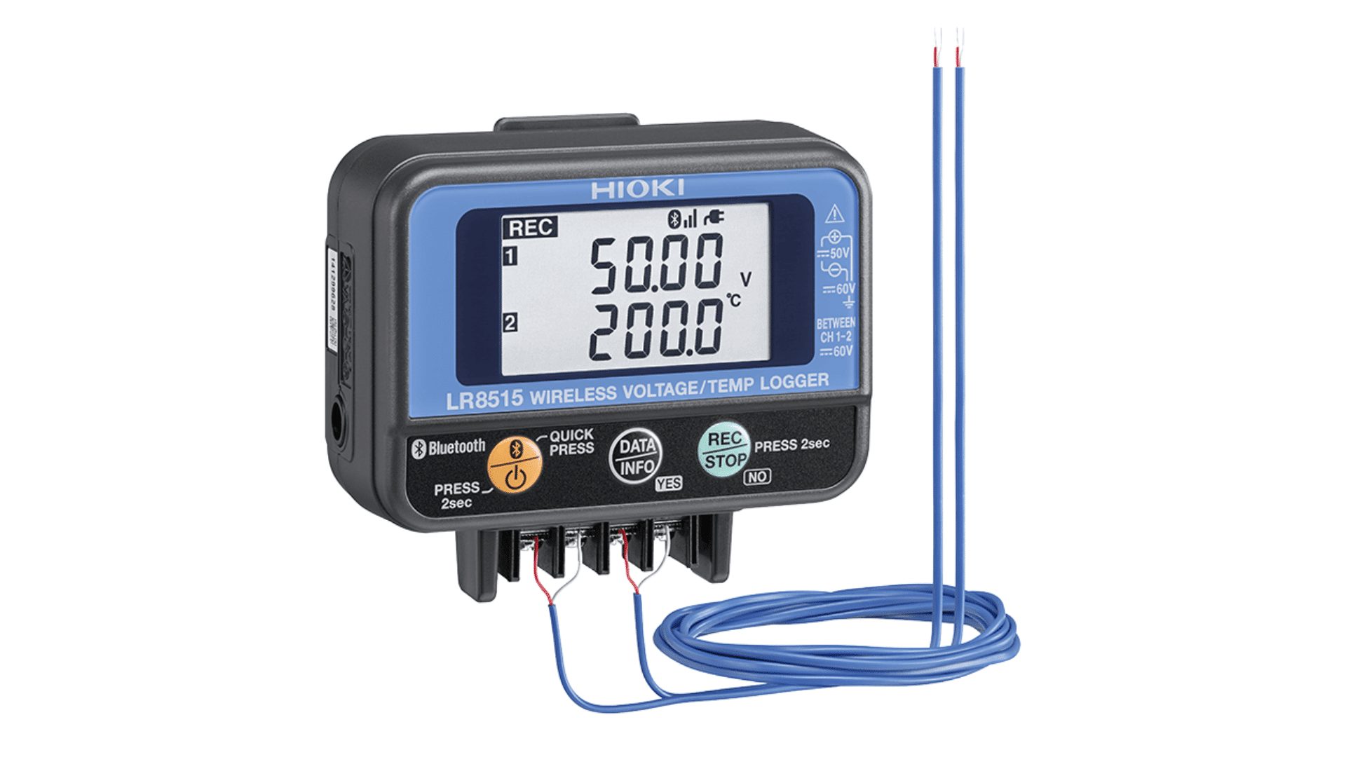 wireless voltage and temperature data logger with display and connected probes